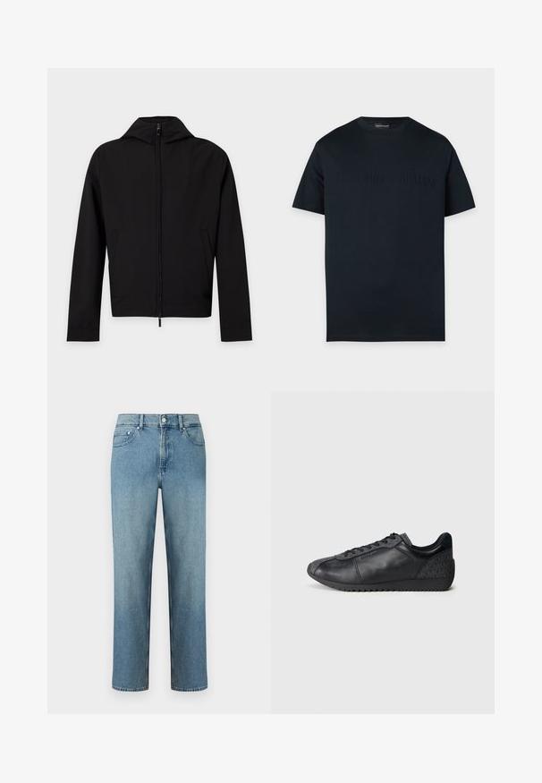 Zwarte jas met ritssluiting, lange mouwen en capuchon, plat afgebeeld tegen een witte achtergrond.; Zwart T-shirt met korte mouwen en ronde hals met subtiel ingebrand Emporio Armani logo over de borst op een effen achtergrond.; Lichtblauwe spijkerbroek van denim met rechte pijpen, vijf zakken en een knoopsluiting in de taille. Gestikte details langs de naden.; Zwarte leren sneakers met een textuurstofpaneel, ronde neusvorm, vetersluiting aan de voorkant en een rubberen zool met een zigzagpatroon.