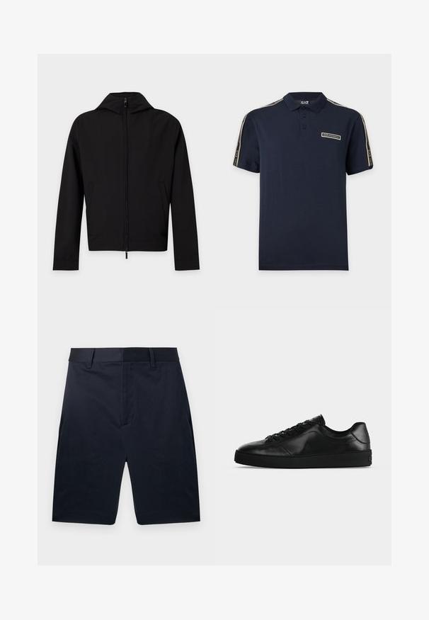Veste noire zippée à manches longues avec une capuche, présentée à plat sur fond blanc.; Polo bleu foncé à manches courtes avec col boutonné et bandes de la marque EA7 Emporio Armani sur les épaules ainsi qu'un écusson logo sur la poitrine.; Shorts bleu marine sur mesure, longueur genou, avec passants de ceinture et fermeture à glissière avant cachée, présentés à plat sur un fond blanc.; Sneaker noir en cuir à profil bas avec lacets sur le devant et semelle plate texturée, montré de profil sur un fond neutre.