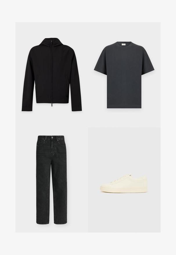 Veste noire zippée à manches longues avec une capuche, présentée à plat sur fond blanc.; T-shirt noir à manches courtes avec col rond et ourlet droit, présenté à plat sur un fond gris clair.; Jean noir coupe droite avec taille haute, bouton et fermeture éclair à l'avant, poches latérales et arrière, présenté sur un fond clair uni.; Baskets couleur crème avec une tige en cuir lisse, bout arrondi, laçage à l'avant et semelle en caoutchouc texturée. Design minimaliste, sans logo.