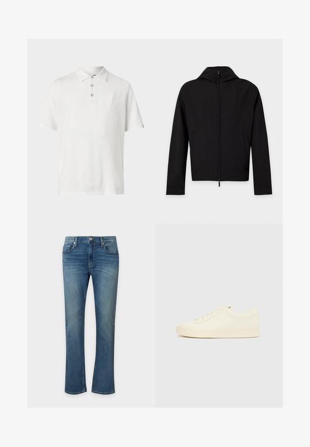 Veste noire zippée à manches longues avec une capuche, présentée à plat sur fond blanc.; rag & bone HARVEY - Polo - ivory; Jean en denim bleu avec une légère patte d'éléphant, fermeture avant par bouton et fermeture éclair, et poches avant et arrière.; Baskets couleur crème avec une tige en cuir lisse, bout arrondi, laçage à l'avant et semelle en caoutchouc texturée. Design minimaliste, sans logo.