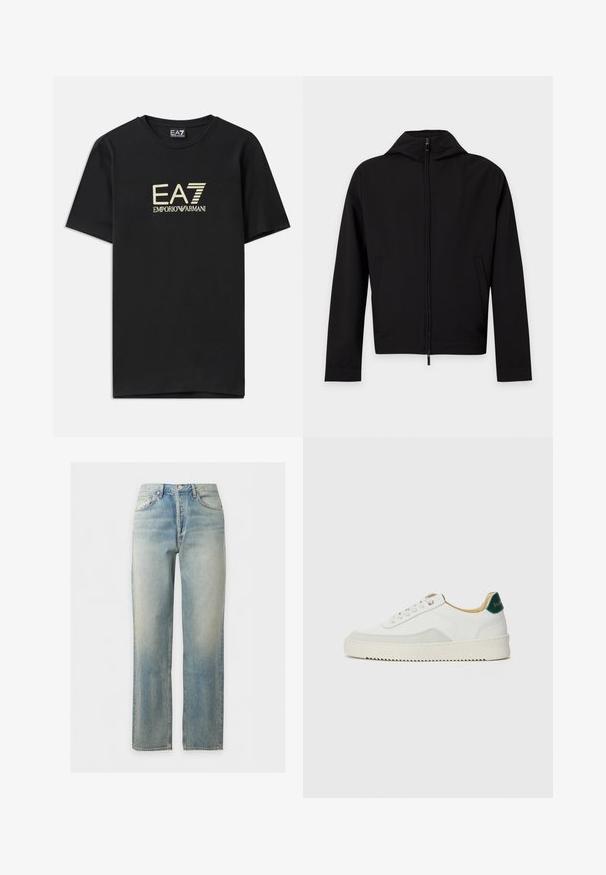 Čierna bunda na zips s dlhými rukávmi a kapucňou, zobrazená na bielom pozadí.; Čierne bavlnené tričko s pozláteným logom EA7 Emporio Armani na hrudi. Krátke rukávy a okrúhly výstrih.; Svetlomodré vyblednuté džínsy s rovnými nohavicami, zapínaním vpredu na gombík a zips, a dizajnom s piatimi vreckami.; Biele tenisky s semišovými akcentmi, zaoblenou špičkou, plochými šnúrkami a krémovou gumovou podrážkou. Na päte sú zelené značky.