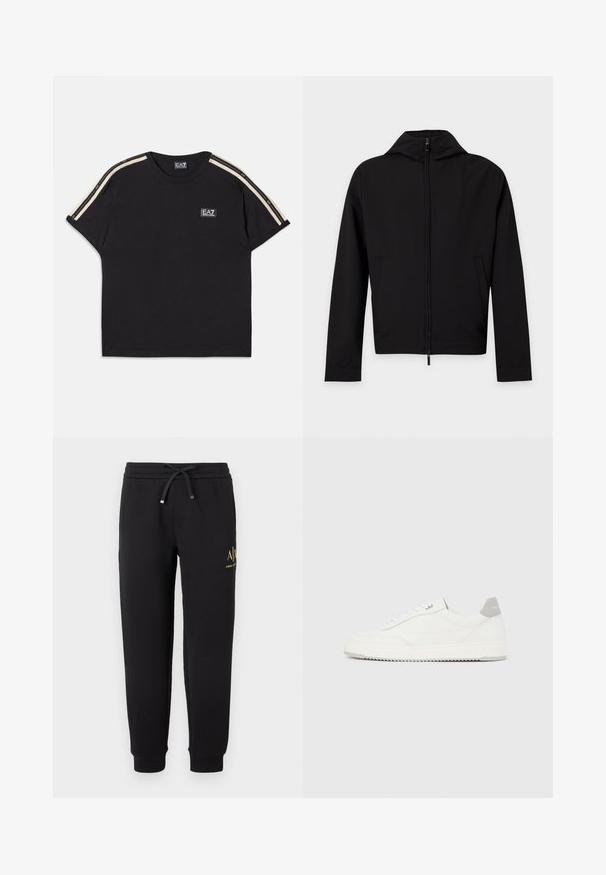 Chaqueta negra con cremallera, mangas largas y capucha, mostrada plana sobre un fondo blanco.; Camiseta de algodón negra con mangas cortas. Presenta rayas en contraste beige en los hombros y un pequeño logotipo de la marca en el pecho.; Pantalones jogger negros con cintura elástica y cordón, tobillos con puños y pequeño logo dorado de "A|X Armani Exchange" en el muslo derecho.; Zapatilla blanca de corte bajo con pestaña en el talón gris, cordones blancos y suela texturizada, presentada sobre un fondo claro y liso.