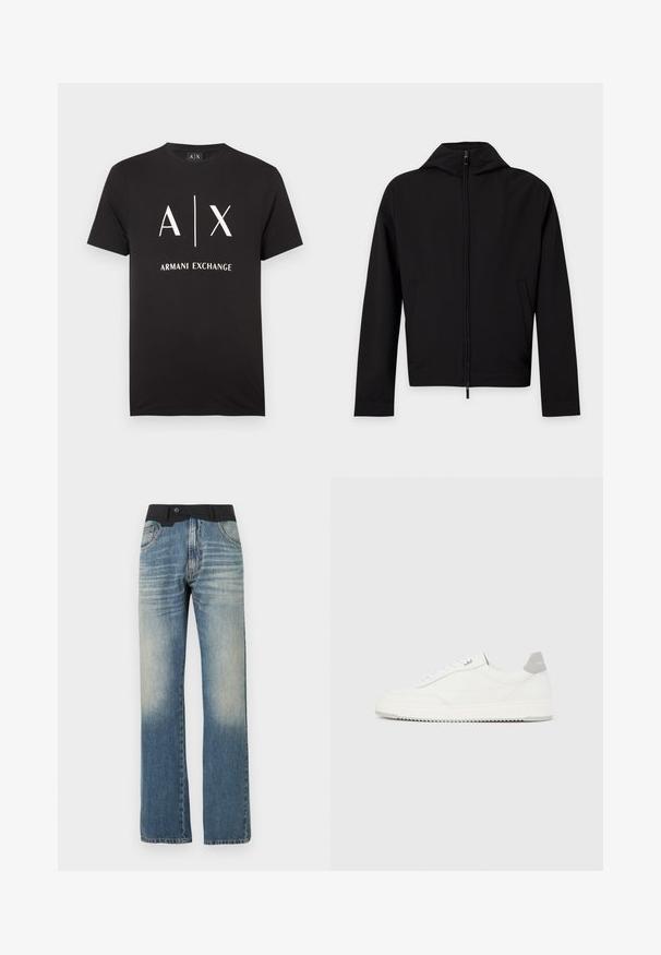 Veste noire zippée à manches longues avec une capuche, présentée à plat sur fond blanc.; T-shirt en coton noir avec les initiales "A|X" et "ARMANI EXCHANGE" imprimées en blanc. Col rond avec manches courtes.; Jean en denim bleu à jambe droite avec effet délavé et détail de ceinture noire, comprenant des poches avant et une fermeture par bouton.; Baskets basses blanches avec un onglet de talon gris, des lacets blancs et une semelle texturée, présentées sur un fond uni clair.
