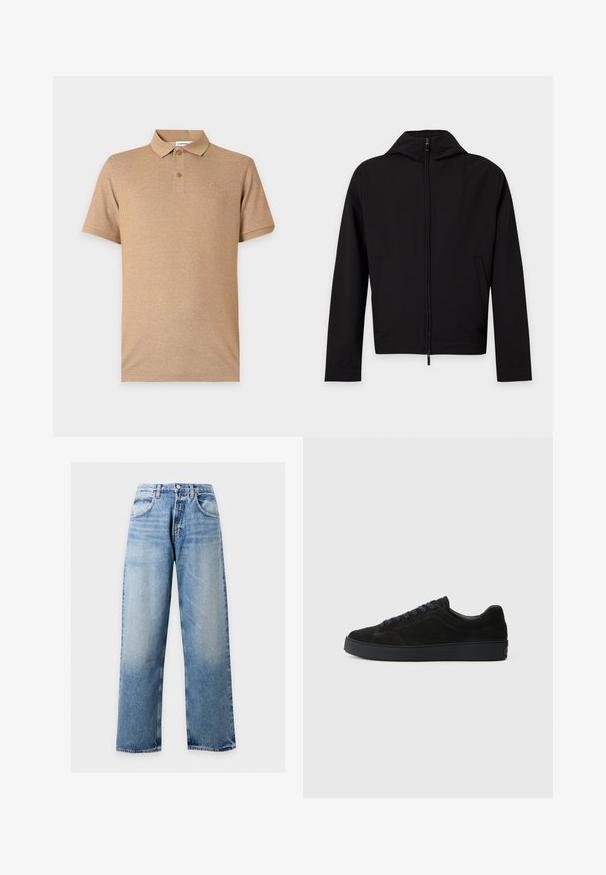 Veste noire zippée à manches longues avec une capuche, présentée à plat sur fond blanc.; Polo beige à manches courtes avec deux boutons et un logo brodé discret sur la poitrine gauche, présenté sur un fond uni.; Jean en denim bleu clair à jambes larges avec poches avant, passants de ceinture et fermeture par bouton sur un fond uni.; Basket en suède noire avec une semelle plate et texturée, un bout rond, six œillets pour les lacets et un design minimaliste.