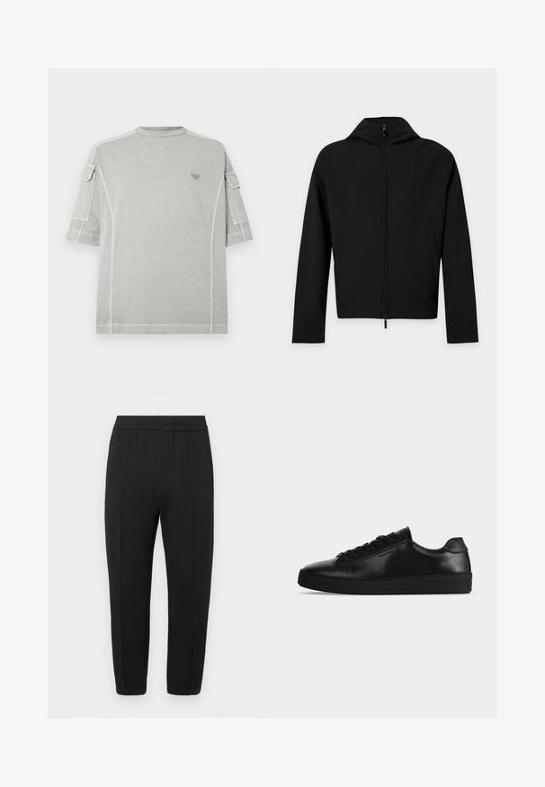Veste noire zippée à manches longues avec une capuche, présentée à plat sur fond blanc.; T-shirt surdimensionné gris clair à manches courtes, avec des poches latérales discrètes, un col rond et un petit logo sur la poitrine.; Pantalon de jogging noir avec taille élastique, coupe fuselée, plis à l'avant, poches latérales et poignets élastiques aux chevilles.; Basket basse en cuir noir avec lacets noirs et semelle épaisse noire, vue de profil sur fond gris clair.