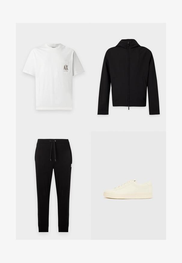 Veste noire zippée à manches longues avec une capuche, présentée à plat sur fond blanc.; T-shirt en coton blanc avec des manches courtes, un col rond et une poche sur la poitrine gauche ornée d'un logo brodé "A|X" en marron.; Pantalon jogging noir slim avec taille élastique, cordon noir, et une petite étiquette rectangulaire sur la cuisse droite.; Baskets couleur crème avec une tige en cuir lisse, bout arrondi, laçage à l'avant et semelle en caoutchouc texturée. Design minimaliste, sans logo.