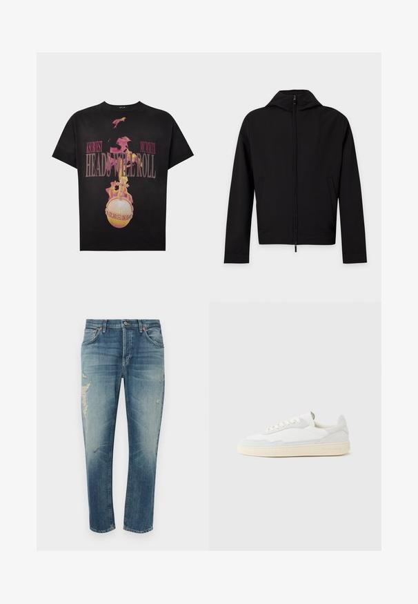 Veste noire zippée à manches longues avec une capuche, présentée à plat sur fond blanc.; T-shirt noir avec un graphisme d'orbe enflammée et croix, et texte rose "KSUBI EST MCMXCIX HEADS WILL ROLL" sur le devant.; Jean en denim bleu clair à coupe décontractée, avec des zones usées, une fermeture à boutons et cinq poches. Lavage en machine recommandé.; Baskets blanches avec dessus en daim et cuir texturé. Caractérisées par un bout arrondi, une fermeture à lacets et une semelle en caoutchouc beige contrastante.