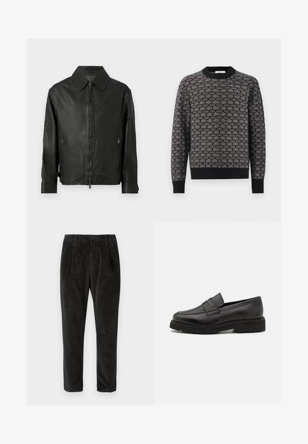 Sort læderjakke med krave, lynlåslukning foran, sideskab med lynlåse og ærmer med manchet detaljer.; Sort og grå strikket sweater med et tekstureret honningkageskema, rund halsudskæring og ribbede manchetter og kant. Klassisk pasform.; Fløjlsbukser i mørkegrå med lodrette ribber, knaplukning og sidelommer med en tætsiddende pasform. Blød tekstur.; Sort læder loafersko med rund tå, syningsdetaljer og en tyk, struktureret sål. Har et elegant, minimalistisk design.