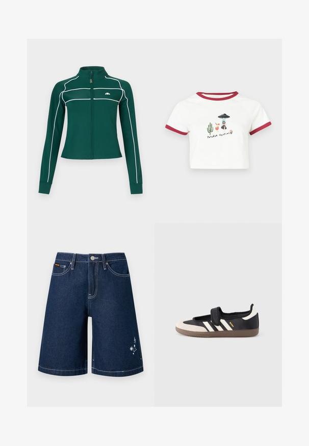 Veste zippée à manches longues de couleur vert foncé avec des bordures blanches le long des manches et de la poitrine, arborant un petit logo blanc sur la poitrine gauche.; T-shirt blanc court avec bordure rouge, présentant des illustrations de cactus, de fruits et le texte "Paradise Utopias" dans un style ludique. Tissu en coton doux.; Short en jean denim bleu foncé avec poches avant, passants pour ceinture, coutures blanches, fermeture par bouton, et petite broderie blanche en forme d'étoile et de constellation sur la jambe.; Baskets noires et beiges avec une bride en velcro, trois bandes blanches sur le côté, et une semelle en caoutchouc marron texturée. Logo de la marque visible.