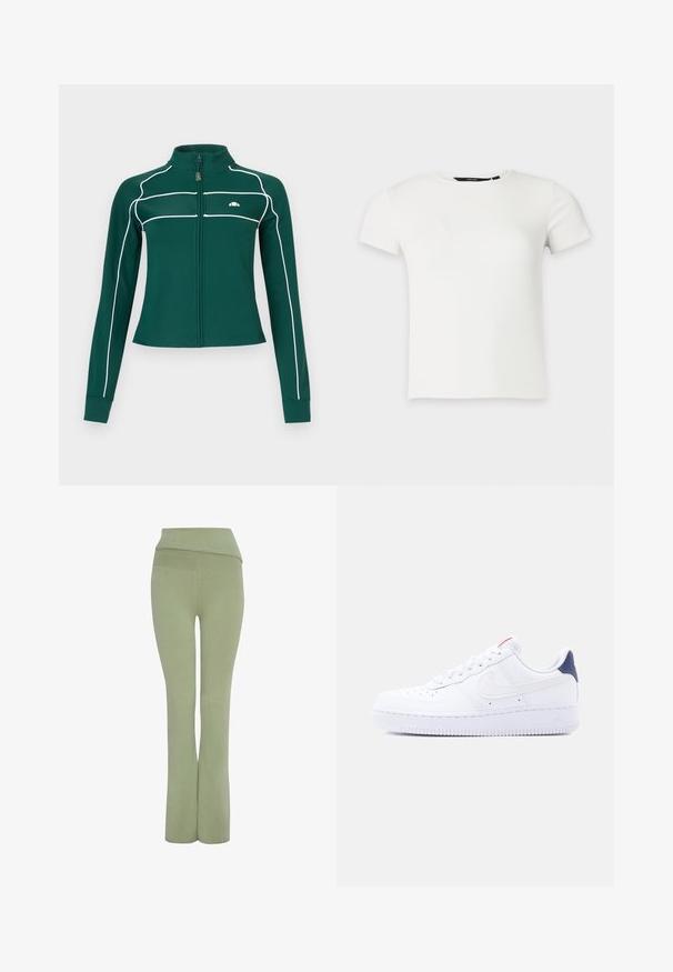 Chaqueta larga de manga larga de color verde oscuro con detalles de ribete blanco a lo largo de las mangas y el pecho, con un pequeño logo blanco en el pecho izquierdo.; Camiseta blanca de punto acanalado con mangas cortas y cuello redondo, presentada sobre un fondo liso gris claro.; Pantalones ajustados verdes con una cinturilla ancha y un diseño de pierna acampanada. Textura de tela suave, diseñados para la comodidad y flexibilidad.; Zapatilla blanca de caña baja con perforaciones en la puntera, cordones blancos, un logo swoosh blanco y una lengüeta en el talón de color azul oscuro.