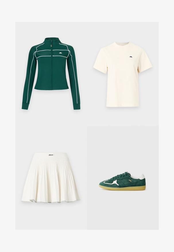 Veste zippée à manches longues de couleur vert foncé avec des bordures blanches le long des manches et de la poitrine, arborant un petit logo blanc sur la poitrine gauche.; T-shirt crème à manches courtes et col rond avec petit logo demi-cercle noir sur le côté gauche de la poitrine, design uni sur fond gris clair.; Jupe de tennis plissée blanche avec une large ceinture arborant un petit patch logo ellesse au centre devant.; Baskets en suede vert avec des accents blancs, des détails perforés et une semelle en caoutchouc texturé. Présente des lacets ronds et un talon rembourré.
