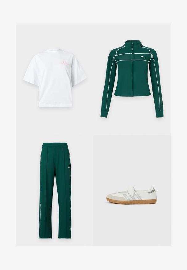 Veste zippée à manches longues de couleur vert foncé avec des bordures blanches le long des manches et de la poitrine, arborant un petit logo blanc sur la poitrine gauche.; T-shirt blanc à manches courtes, col rond, coupe ample, avec un petit logo "Ellesse" rose pâle sur le côté gauche de la poitrine.; Pantalon droit vert foncé avec des bandes blanches sur les côtés et un petit logo blanc sur la partie supérieure de la cuisse, sur un fond uni.; Baskets blanches avec rayures argentées, embout en daim et bande velcro. Semelle en caoutchouc gomme texturée. Design minimaliste avec une finition lisse.