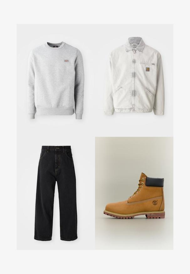 Lichtgrijze denimjack met ritssluiting aan de voorkant, corduroy kraag, twee voorzakken en een borstzak met een logopatch. Zachte, gestructureerde stof.; Grijze sweatshirt met een ronde hals, ribgebreide manchetten en onderrand, gemaakt van zacht katoen. Kenmerkt een klein logo op de linkerkant van de borst.; Zwarte wijde denim jeans met hoge taille, voorste knoop, rits en gele stiksels op de zakken en naden.; Bruine leren enkellaars met zwarte kraag, gele veters en een zandkleurige zool. Voorzien van een logo en witte stikseldetails. Robuuste loopzool met grip.