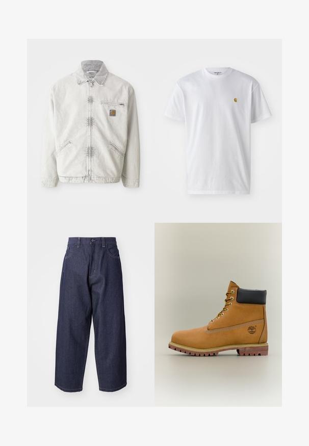 Lichtgrijze denimjack met ritssluiting aan de voorkant, corduroy kraag, twee voorzakken en een borstzak met een logopatch. Zachte, gestructureerde stof.; Witte katoenen t-shirt met korte mouwen en ronde hals, voorzien van een klein gouden logo op de linkerkant van de borst. Zachte textuur en een normale pasvorm.; Donkerblauwe denim jeans met een losse, wijde pasvorm. Kenmerken zijn een knoopsluiting, steekzakken aan de voorkant en zichtbare stiksels.; Bruine leren enkellaars met zwarte kraag, gele veters en een zandkleurige zool. Voorzien van een logo en witte stikseldetails. Robuuste loopzool met grip.