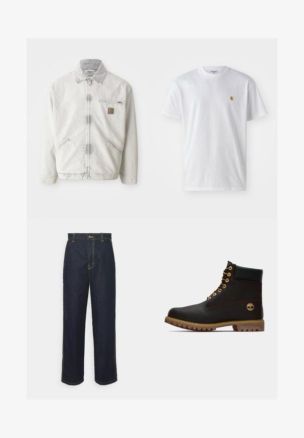 Lichtgrijze denimjack met ritssluiting aan de voorkant, corduroy kraag, twee voorzakken en een borstzak met een logopatch. Zachte, gestructureerde stof.; Witte katoenen t-shirt met korte mouwen en ronde hals, voorzien van een klein gouden logo op de linkerkant van de borst. Zachte textuur en een normale pasvorm.; Wijde donkerblauwe spijkerbroek met gele stiksels, voorzien van een knoopsluiting aan de voorkant en zijzakken. Glad van textuur en met een traditioneel ontwerp.; Zwarte leren enkellaars met gouden oogjes, bruine accenten en een rubberen zool. Heeft een gevoerde kraag en geperst logo aan de zijkant.