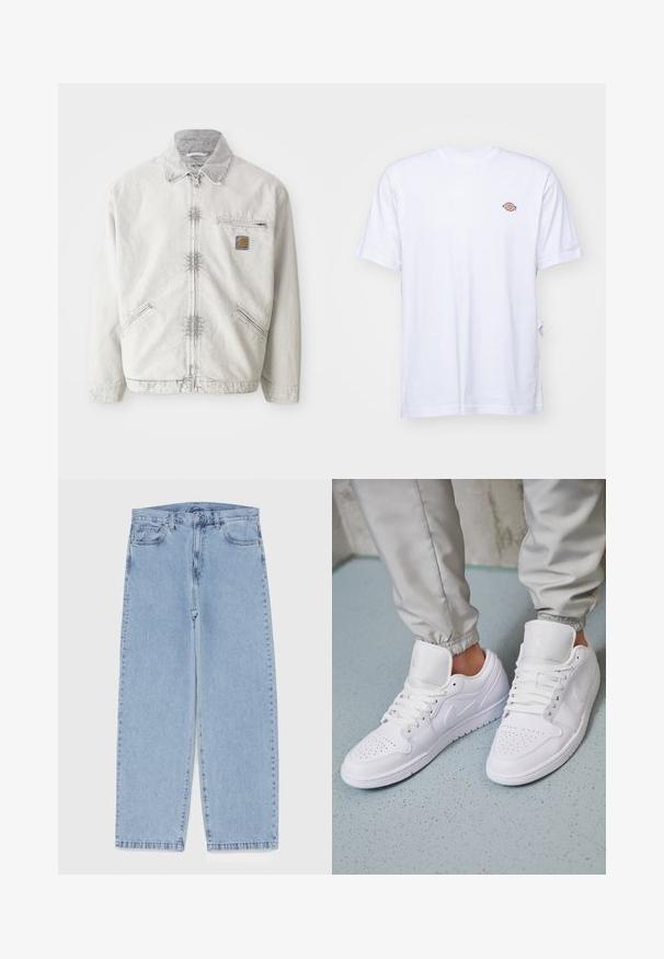Lichtgrijze denimjack met ritssluiting aan de voorkant, corduroy kraag, twee voorzakken en een borstzak met een logopatch. Zachte, gestructureerde stof.; Witte katoenen t-shirt met een v-hals en korte mouwen. Kenmerkt zich door een klein kleurrijk geborduurd logo op de linkerkant van de borst. Zachte textuur.; Lichtblauwe denim jeans met een recht model, voorzien van een middelhoge taille, vijf zakken en een knoop- en ritssluiting.; Witte leren sneakers met een geperforeerde neus, platte veters, een gepolsterde kraag en het Jordan-logo op de tong. Gediend met grijze joggers.