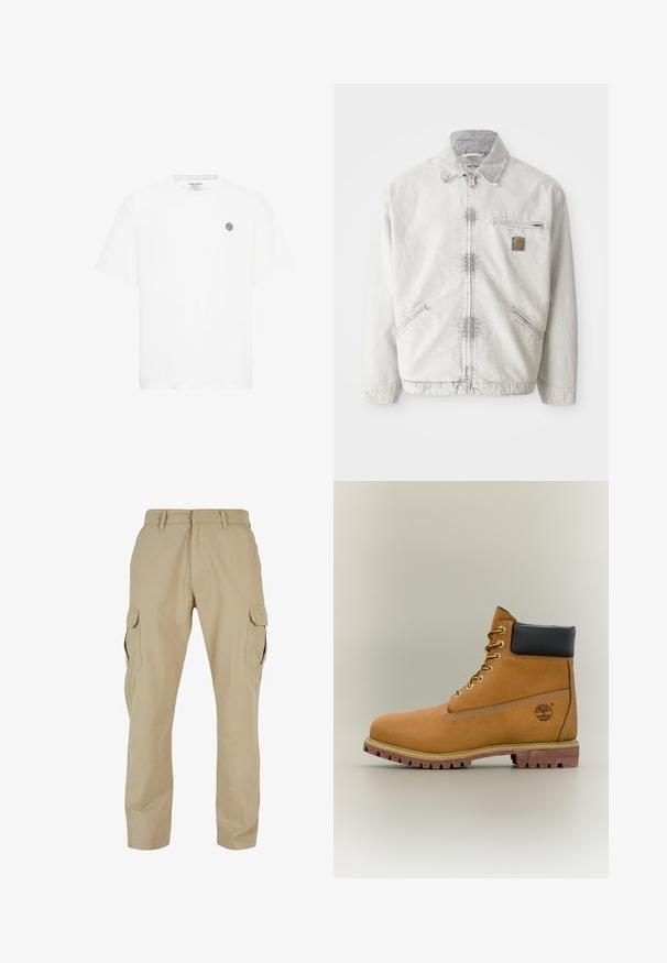 Chaqueta de mezclilla gris claro con cierre frontal, cuello de pana, dos bolsillos frontales y un bolsillo en el pecho con un parche de logo. Tejido suave y texturizado.; Camiseta de manga corta blanca con un cuello redondo y un pequeño logo geométrico gris en el lado izquierdo del pecho. Fabricada en suave material de algodón.; Pantalones cargo beige de algodón twill, con múltiples bolsillos laterales, diseño de pierna recta y cierre con cremallera y pasadores para cinturón.; Bota de tobillo de cuero marrón con cuello negro, cordones amarillos y suela beige. Presenta un logotipo y detalles de costura blanca. Suela exterior con tracción robusta.