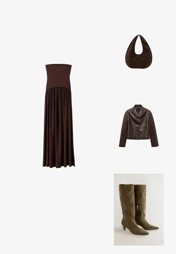 Brun læder cropped jakke med en spids krave, tre knapper og to forlommer. Glat tekstur med en struktureret form.; Brun strapless maxikjole med et tætsiddende liv og en flydende nederdel lavet af blødt stof, der har et elastisk bånd i taljen for ekstra komfort.; Støvler i olivengrøn ruskind til knæene med spids tå og en slank hæl. Har en lynlås i siden til lukning. Glat tekstur.; Mørkebrun ruskind skuldertaske formet som en halvmåne med en bred rem og glat tekstur på en hvid baggrund.