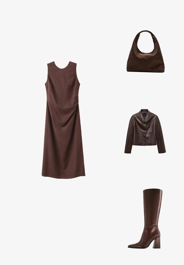 Veste courte en cuir marron avec un col cranté, trois boutons et deux poches avant. Texture lisse avec une forme structurée.; Robe midi marron sans manches avec encolure ronde et subtil détail drapé sur le côté sur fond blanc.; Botte en cuir marron montant jusqu'au genou, avec bout pointu et talon épais de hauteur moyenne, vue de profil sur fond blanc.; Sac à main en toile marron doux de style hobo avec une large sangle unique et une ouverture en haut arrondie, présenté sur un fond blanc.