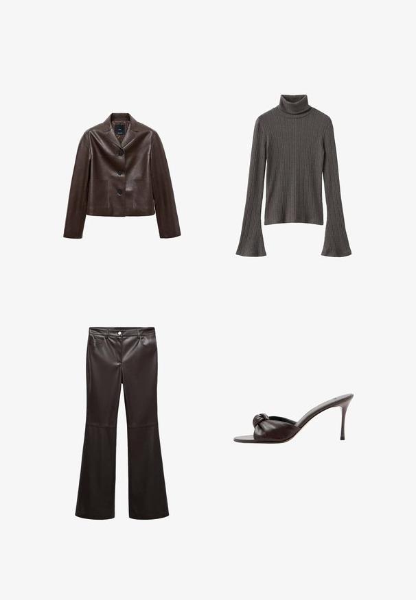 Veste courte en cuir marron avec un col cranté, trois boutons et deux poches avant. Texture lisse avec une forme structurée.; Pull à col roulé gris foncé côtelé avec manches longues évasées et coupe semi-ajustée, confectionné en tissu doux et extensible.; Pantalons évasés noirs en faux cuir lisse, dotés de poches avant, d'une fermeture éclair et d'un bouton argenté. Détails de couture accentués.; Mule en cuir marron foncé à talon haut avec un bout ouvert et un détail de nœud sur la bride avant.
