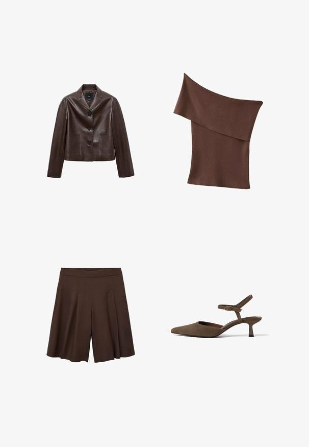 Bruine leren cropped jack met een notch-kraag, drie knopen en twee voortassen. Glad textuur met een gestructureerde vorm.; Bruin gebreid topje met één schouder, brede omgevouwen halslijn en aansluitend model.; Bruine geplooide shorts met een hoge taille. De stof lijkt glad en lichtgewicht, met diepe, scherpe plooien voor een vloeiende uitstraling.; Bruine suède slingback met puntige neus, lage kittenhak en verstelbare enkelband, gefotografeerd tegen een witte achtergrond.