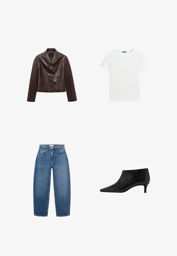 Bruine leren cropped jack met een notch-kraag, drie knopen en twee voortassen. Glad textuur met een gestructureerde vorm.; Effen wit T-shirt met korte mouwen, een ronde hals en een klein zwart labeltje aan de binnenkant van de kraag.; Hoge taille blauwe denim jeans met een rechte pijp, voorzien van vijf zakken, riemlussen en subtiele vervaging voor extra textuur.; Zwarte leren enkellaars met puntige neus en lage kittenhak, ontworpen voor elegante en formele gelegenheden.