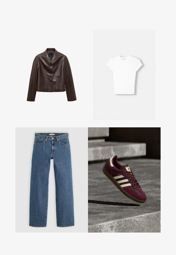 Brun læder cropped jakke med en spids krave, tre knapper og to forlommer. Glat tekstur med en struktureret form.; Hvid kortærmet t-shirt lavet af blød bomuld, med rund halsudskæring og en tætsiddende form. Ingen synlige mønstre eller udsmykninger.; Blå denim jeans med lige pasform, der har fem lommer, knaplukning og kontrastsyninger langs sømmene.; Bourgognefarvet sneaker med tekstureret læder, tre hvide striber og gyldne detaljer. Gummisål, klassisk Samba-design og åndbare mesh-detaljer.