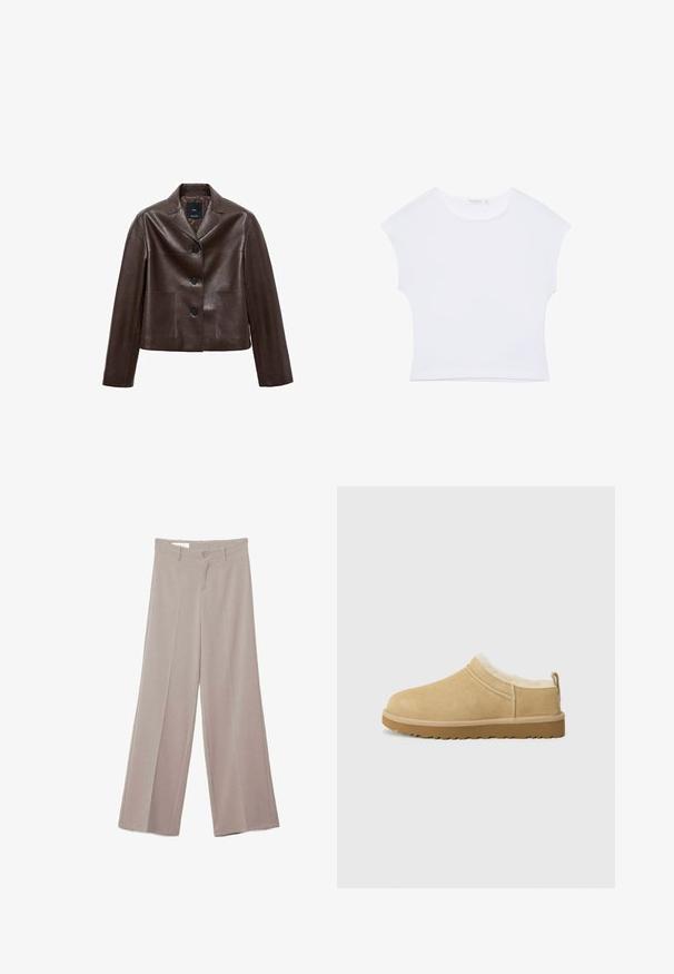 Brun læder cropped jakke med en spids krave, tre knapper og to forlommer. Glat tekstur med en struktureret form.; Hvid kortærmet cropped T-shirt med rund halsudskæring, lavet af glat stof, lagt fladt på en hvid baggrund.; Beige bukser med vide ben, flad front, to forlommer, knaplukning og en glat, let struktureret stofoverflade.; Suede slip-on sko i lys tan, med en blød pelsforing og tekstureret gummisål med en let hæl og bagestrop for nem påklædning.