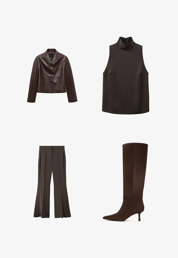 Brun læder cropped jakke med en spids krave, tre knapper og to forlommer. Glat tekstur med en struktureret form.; Ærmeløs sort top med høj rullekrave og et glat, let struktureret stof.; Brune vide bukser med skræddersyet design, der har en glat tekstur, lodrette sideslids og forlommer.; Brun knæhøj støvle lavet af glat materiale, med spids tå og en slank, høj hæl. Sømløst design med minimale accenter.