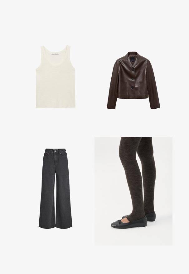 Veste courte en cuir marron avec un col cranté, trois boutons et deux poches avant. Texture lisse avec une forme structurée.; Débardeur blanc en tissu léger. Présente un encolure arrondie et de larges emmanchures, avec une texture lisse et un design minimaliste.; Jean noir taille haute à jambes larges avec fermeture à boutons et fermeture éclair devant, poches avant et ourlets effilochés.; Jambes portant des leggings côtelés foncés associés à des ballerines noires avec de petits détails en nœud sur fond blanc.
