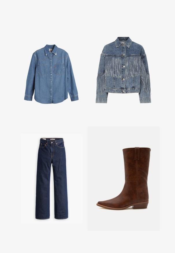 Sinine teksajakk hõbedaste nuppude ja pikkade narmastega rinnal ja varrukatel, eest nööbitav ning klassikalise kraega.; Heledsinine denim särk pika varrukaga, terava krae, kahe rinnatasku ja kontrastsete õmblustega. Omab läänest inspireeritud kätetõusu disaini.; Tumedatest sinised sirge lõikega teksased viie taskuga, oranžid õmblused ja nööbiga sulgemine.; Poolpikk pruun nahast kauboisaabas nelinurkse varbaküljega, külgpöördemehe ja madala puidust kandaga valgel taustal.