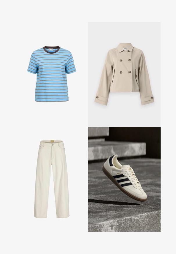 Veste beige cropped avec un design croisé, grandes boutons, deux poches avant et un col structuré. Tissu lisse avec une finition mate.; T-shirt bleu clair à manches courtes avec fines rayures horizontales blanches et marron, et un col rond marron foncé.; Jean taille haute, coupe droite, couleur crème, avec bouton devant, fermeture éclair, passants de ceinture, poches latérales et arrière.; Baskets blanches Adidas Samba avec des bandes noires et une semelle en gomme, flottant au-dessus de marches en béton gris texturé.