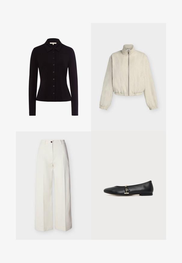 Hellbeige Reißverschlussjacke mit hohem Kragen, langen Ärmeln, elastischen Bündchen und Saum, vor einfarbigem Hintergrund dargestellt.; Schwarzes Langarmhemd mit Kragen, featuring eine durchgehende Knopfleiste und eine taillierte Passform, aus glattem Stoff gefertigt.; Hochgeschnittene, weit geschnittene cremefarbene Hose mit Gürtelschlaufen, einem einzelnen Knopf und Reißverschluss, flach auf einem einfarbigen Hintergrund liegend.; Schwarzer flacher Lederschuh mit abgerundeter Spitze und kleinem goldenen Schnallendetail an der Seite, gezeigt auf einem schlichten hellen Hintergrund.
