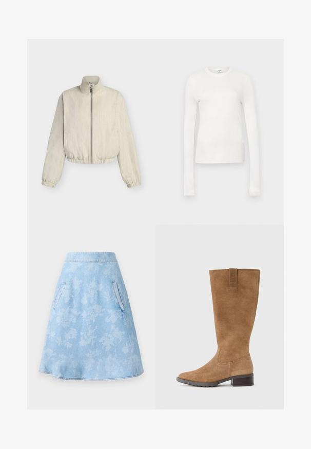 Lysebeige jakke med lynlås, høj krave, lange ærmer, elastiske manchetter og kant, vist mod en ensfarvet baggrund.; Hvid langærmet t-shirt lavet af blødt bomuld. Har rund halsudskæring, tætsiddende silhuet og glat tekstur. Ingen mønstre eller accenter.; Denim A-linje nederdel i lys blå med subtilt blomstermønster, som har to sidelommer og en glat, kantet finish.; Brun ruskindsknæhøj støvle med blokhæl, rund tådesign og en træk-flig øverst for nem påklædning. Tekstureret materialefinish.