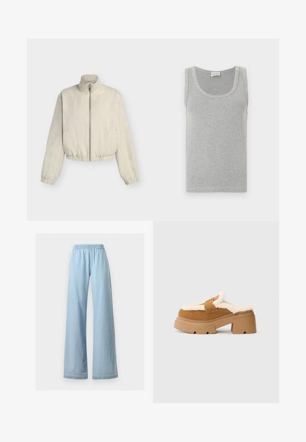 Veste beige clair zippée avec col montant, manches longues, poignets et ourlet élastiqués, présentée sur un fond uni.; Débardeur gris clair côtelé sans manches avec encolure dégagée et petit logo brodé près de l'ourlet.; Pantalon bleu clair à jambes larges avec taille élastique et poches devant, présenté sur un fond blanc uni.; Chaussures à enfiler en daim marron avec une doublure crémeuse et duveteuse, semelle plateforme épaisse et talon carré. Présentent une sangle cousue sur le haut.