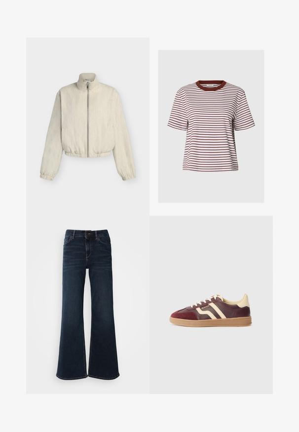 Lysebeige jakke med lynlås, høj krave, lange ærmer, elastiske manchetter og kant, vist mod en ensfarvet baggrund.; Hvid T-shirt med korte ærmer med tynde horisontale brune striber og ensfarvet brunt rundt halsudskæring, vist på en ensfarvet lys baggrund.; Mos Mosh HERA - Flared jeans - dark blue; Bordeaux- og cremefarvede lædersneakers med suedepaneler, der har to diagonale striber, en tekstureret gummisål og en rund tådesign.
