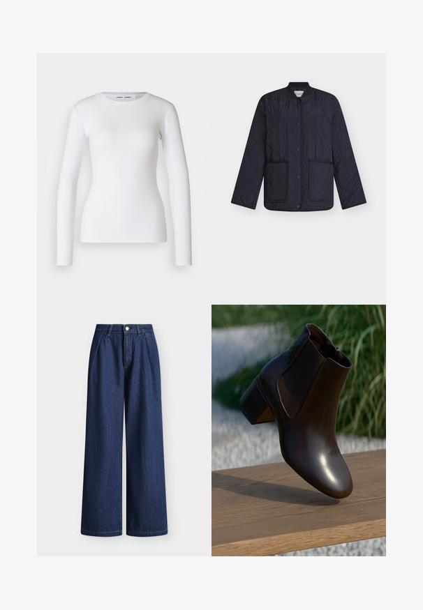 Veste matelassée marine avec motif en losanges, col côtelé, boutons-pression et deux poches avant. Tissu léger à texture lisse.; Chemise blanche à manches longues en tissu côtelé, avec un col rond et une coupe cintrée. Aucun motif ni accent présent.; Pantalon large en denim bleu foncé taille haute avec plis sur le devant, passants de ceinture et fermeture par bouton.; Bottine en cuir marron avec un bout rond et un petit talon block, dotée de panneaux latéraux élastiques et d'une finition lisse et brillante.