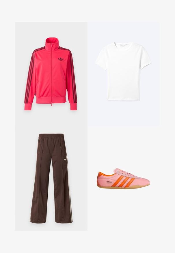 Lyserød træningsjakke med lynlås med sort Adidas-logo på brystet og tre sorte striber ned ad hver ærme.; Ensfarvet hvid t-shirt med korte ærmer og rund halsudskæring med en lille "WEEKDAY" label indeni halskanten, vist fladt på en lys baggrund.; Brune atletiske bukser med vidde ben, hvide striber på siden, elastisk linning og to sidelommer. Har et lille logo på benet.; Lyserød sneakers med orange detaljer, der har tre striber, et tekstureret materiale, snørebånd foran og en gummisål. Branding på siden.