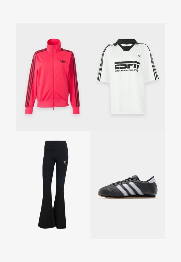 Svetloružová športová bunda na zips s čiernym logom Adidas na hrudi a tromi čiernymi pruhmi na každom rukáve.; Biela košeľa s krátkym rukávom, s čiernym golierom, tromi čiernymi pruhmi na rukávoch a výrazným čiernym nápisom "ESPN" a "HERE'S NO PLACE LIKE SPOTS."; Čierne rebrované legíny s rozšírenými nohavicami a širokým pásom, s malým bielym logom Adidas na hornej ľavej strane. Mäkkučký textilný materiál.; Čierne kožené športové topánky s bielymi pruhmi, okrúly špička, plochá podrážka a šnurovanie. Obsahujú perforácie pre lepšiu priedušnosť.