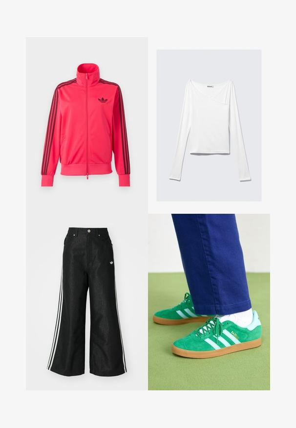 Svetloružová športová bunda na zips s čiernym logom Adidas na hrudi a tromi čiernymi pruhmi na každom rukáve.; Biela blúzka s dlhým rukávom a prekríženým dizajnom, s vreckom. Vyrobená z hladkej, elastickej látky. Strih v uvoľnenom, voľnom štýle.; Čierne džínsy s širokým strihom, s tromi bielymi pruhmi po stranách a malým bielym logom. Obsahujú predné vrecká a zapínanie na gombík.; Zelené semišové tenisky s bielymi pruhmi a akcentom, gumová podrážka, so zelenými šnúrkami a značkou na boku.