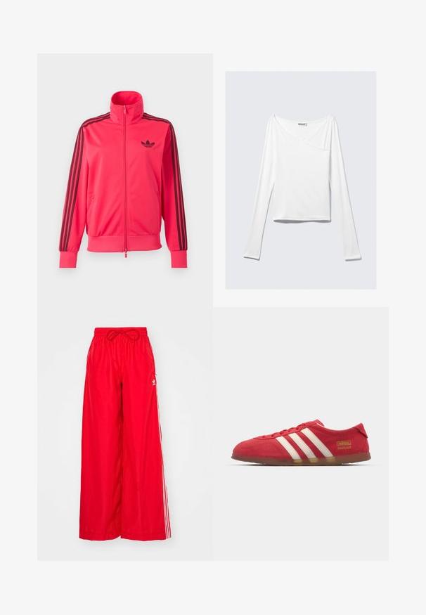 Knallpinkes Trainingsjacke mit Reißverschluss, schwarzem Adidas-Logo auf der Brust und drei schwarzen Streifen, die an jedem Ärmel herunterlaufen.; Weißes Langarmoberteil mit einem Überlappungsdesign und einer Tasche. Hergestellt aus einem glatten, elastischen Material. In einem lässigen, entspannten Schnitt.; Rote weit geschnittene Hose aus leichtem Stoff, mit weißen Seitenstreifen und einem elastischen Bund mit Kordelzug.; Rote Wildledersneaker mit weißem Drei-Streifen-Design, flacher Außensohle und goldenen Logodetails. Niedrig geschnittenes Design mit runder Zehenpartie und Schnürverschluss.