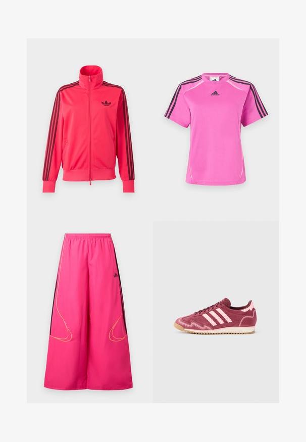 Lyserød træningsjakke med lynlås med sort Adidas-logo på brystet og tre sorte striber ned ad hver ærme.; Lyserød Adidas sportstrøje med sort tre-stribe detalje på ærmerne og sort Adidas logo på brystet.; Rosa sportbukser med elastisk taljebånd, vide ben, sorte sidepaneler og gule syningsdetaljer. Adidas-logo på forsiden.; Vinrøde og lyserøde ruskinds-sneakers med tre lyserøde striber, tekstureret overflade og en sål af gummigummi. Har detaljeret syning som accenter.