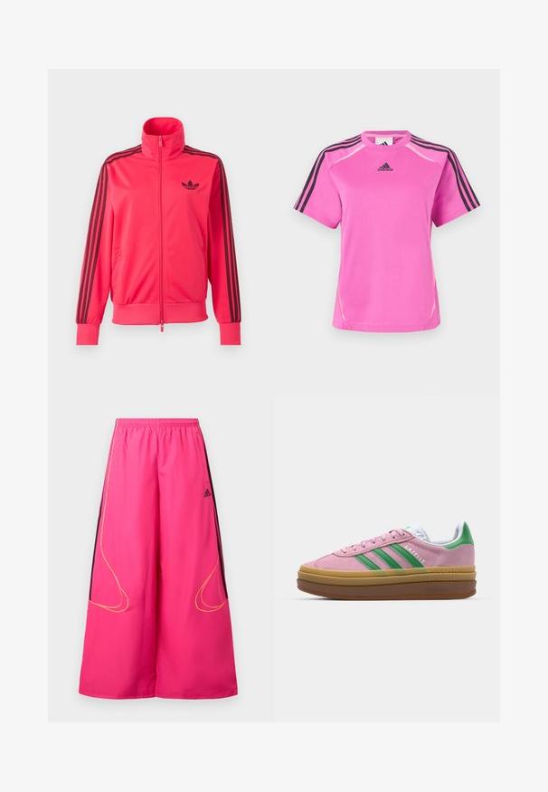 Veste de sport zippée rose vif avec logo Adidas noir sur la poitrine et trois bandes noires courant le long de chaque manche.; T-shirt de sport Adidas de couleur rose vif avec un détail de trois bandes noires sur les manches et un logo Adidas noir sur la poitrine.; Pantalon de sport rose avec une taille élastique, des jambes larges, des panneaux latéraux noirs et des détails de couture jaunes. Logo Adidas sur le devant.; Baskets en daim rose avec des rayures vertes, des accents blancs et une semelle en caoutchouc brun. Comportent un tissu texturé et un détail de logo sur le côté.