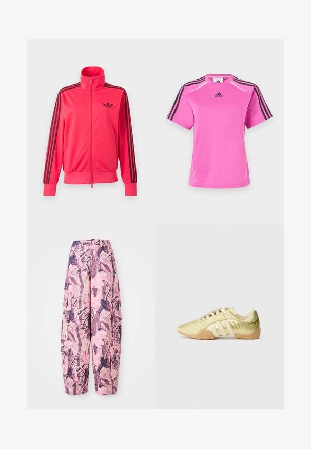 Svetloružová športová bunda na zips s čiernym logom Adidas na hrudi a tromi čiernymi pruhmi na každom rukáve.; Jasne ružová športová tričko Adidas s čiernym trojpruhom na rukávoch a čiernym logom Adidas na hrudi.; Ružové a fialové široké nohavice s vzorom obsahujúce dizajn listov a vetvičiek, s vysokým pásom a bočnými vreckami pre väčšiu funkčnosť.; Syntetická športová obuv v limetkovo zelenej farbe s hladkým povrchom, vybavená tromi bielymi pruhmi, mäkkou vnútornou výstelkou a texturovanou gumovou podrážkou.