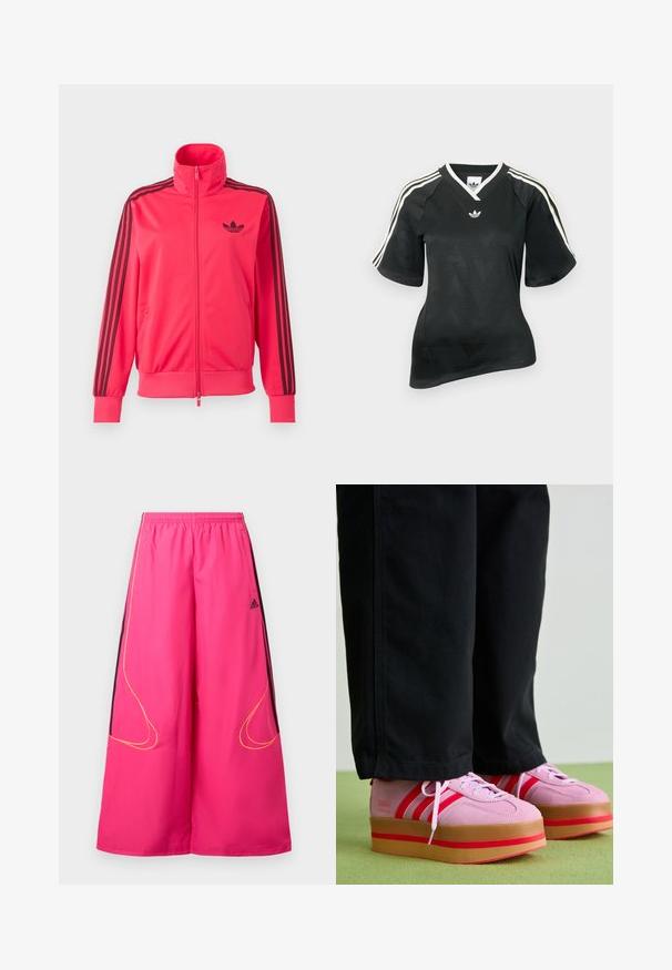 Knallpinkes Trainingsjacke mit Reißverschluss, schwarzem Adidas-Logo auf der Brust und drei schwarzen Streifen, die an jedem Ärmel herunterlaufen.; Schwarzes Sportshirt mit V-Ausschnitt, kurzen Ärmeln und strukturiertem Chevron-Muster. Mit weißen drei-Streifen-Akzenten auf den Schultern und Logo.; Rosa Sporthose mit elastischem Bund, weitem Bein, schwarzen Seitenteilen und gelben Ziernähten. Adidas-Logo auf der Vorderseite.; Rosa Wildleder-Plattform-Sneaker mit roten Akzenten und drei Streifen, ausgestattet mit einer dicken, transparenten Gummisohle, kombiniert mit schwarzen Hosen.
