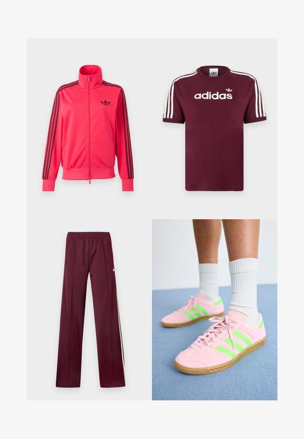Särav roosa lukuga spordijakk, millel on rinnal must Adidas logo ja kolm musta triipu, mis kulgevad mööda iga varruka allapoole.; Kašmiirpunane puuvillane T-särk valgete triibuliste varrukatega, millel on rinnal valge "adidas" logo ja selle kohal väike logo.; Tumepunased spordipüksid elastse vöökohaga, külgedel lükandtaskud, valged küljestriibud ja väike valge Adidas logo paremal reiel.; Roosa sametist spordijalatsid, millel on erksad rohelised triibud ja helepruunid kummitald. Omab tekstureeritud materiaali ja lapikud sidumisdetailid.