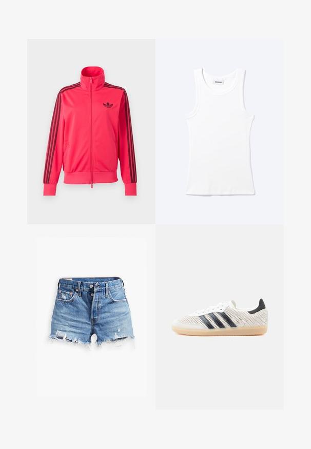 Svetloružová športová bunda na zips s čiernym logom Adidas na hrudi a tromi čiernymi pruhmi na každom rukáve.; Biely rebrovaný tielkový top bez rukávov s okrúhlym výstrihom a malou štítkou s nápisom "WEEKDAY" vo vnútri goliera.; Svetlomodré džínsové šortky s rozstrapkanými lemami, vysokým pásom, gombíkovým zapínaním a dvoma prednými vreckami; opotrebovaný vzhľad pridáva textúru.; Biele sieťované tenisky s čiernym dizajnom troch pruhov, zaoblenou špičkou a gumovou podrážkou. Majú mäkký opätkový golier a šnurovanie.