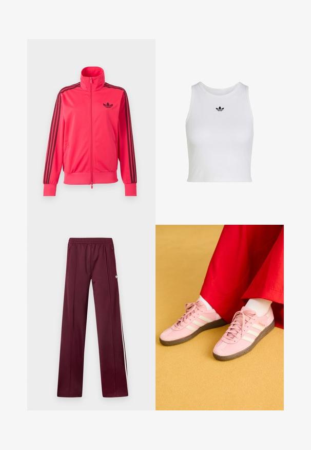 Felroze trainingsjas met rits, met zwart Adidas-logo op de borst en drie zwarte strepen langs elke mouw.; Witte mouwloze crop top met ronde hals en klein zwart Adidas trefoil-logo, gecentreerd onder de kraag.; Wijnrode trainingsbroek met elastische tailleband, zijzakken met rits, witte zijstrepen en een klein wit Adidas-logo op de rechterdij.; Lichtroze sportschoenen met witte strepen, rubberen zool en veterontwerp. Gecombineerd met witte sokken en een rood kledingstuk. Gele achtergrond.