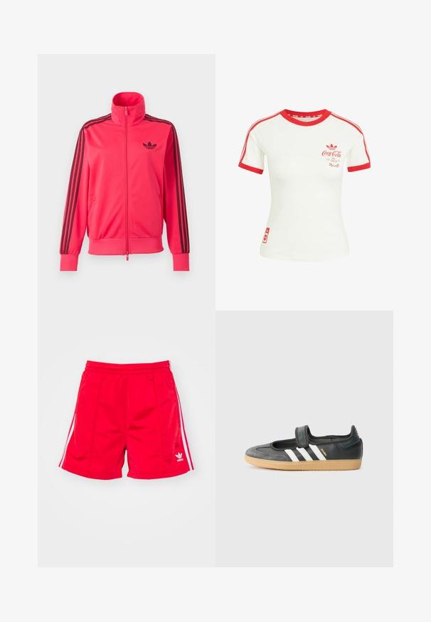 Lyserød træningsjakke med lynlås med sort Adidas-logo på brystet og tre sorte striber ned ad hver ærme.; Hvid T-shirt med korte ærmer med rød krave, ærmekant, striber og Coca-Cola-logo på brystet og nederste side.; Røde sports shorts med elastisk talje, der har hvide sideløbninger og et broderet logo nederst til venstre. Glat tekstur.; Sort læder- og ruskinds sneakers med en Velcro-rem, der har tre hvide striber og en gummisål, mærket "SAMBA" på siden.