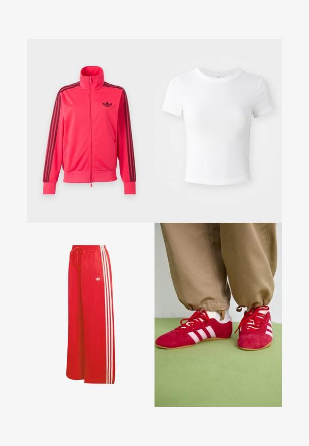 Lyserød træningsjakke med lynlås med sort Adidas-logo på brystet og tre sorte striber ned ad hver ærme.; Simpel hvid kortærmet cropped t-shirt med rund halsudskæring, præsenteret på en neutral lys baggrund.; Røde træningsbukser lavet af let materiale, med bred benudformning, elastisk talje, snøre og tre hvide striber på hver side.; Røde ruskind sportssko med hvide striber, flad gummisål og røde snørebånd. Båret med beige bukser, placeret på en grøn overflade.